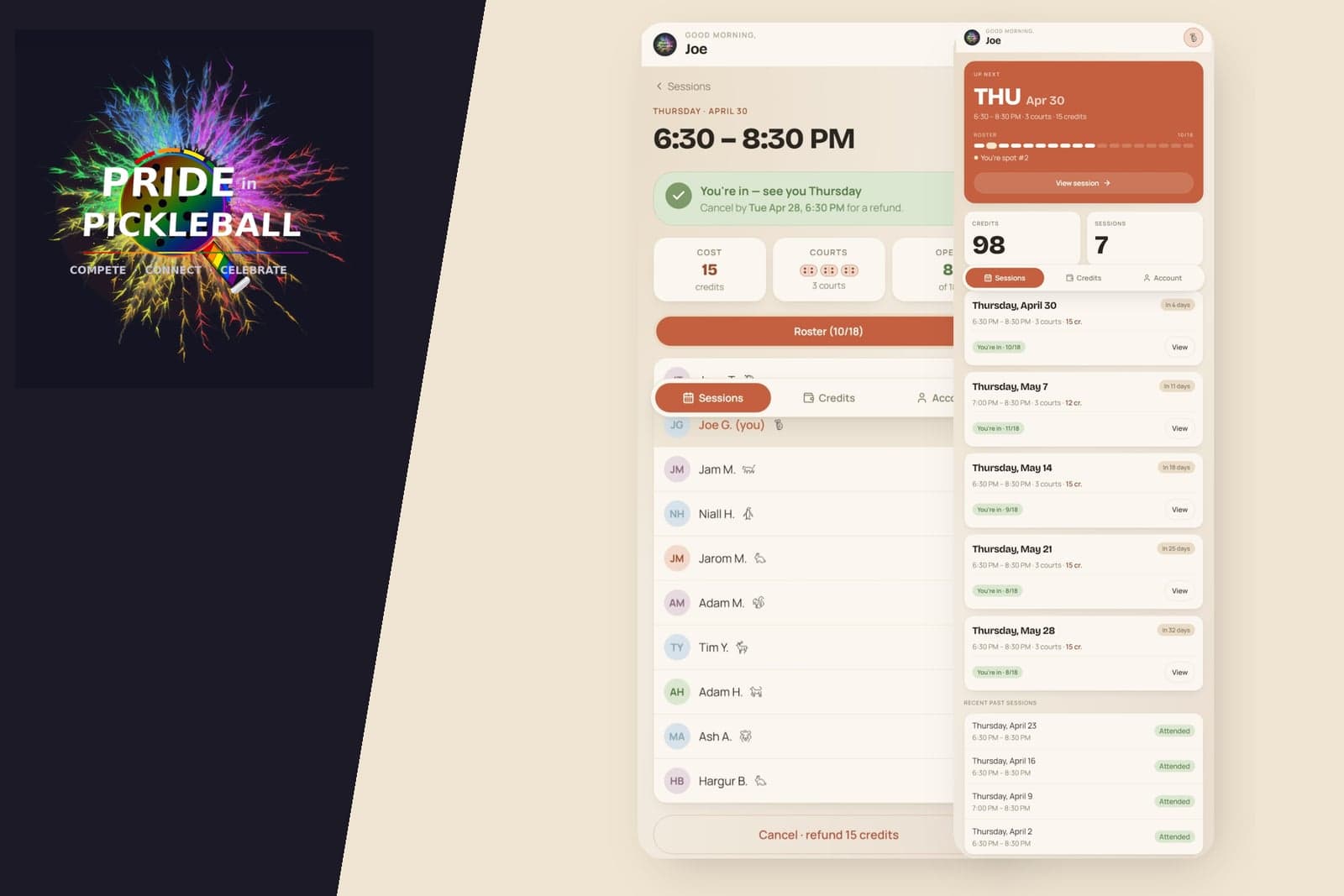 PIP Hub — collage of the pickleball community app interface.